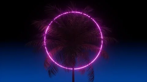 3D vaporwave render background with neon circle, palms and night blue sky Stock Illustration