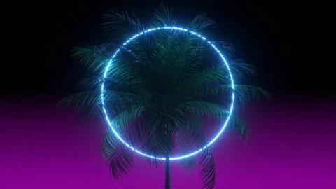 3D vaporwave render background with neon circle, palms and night violet sky Illustrazione stock