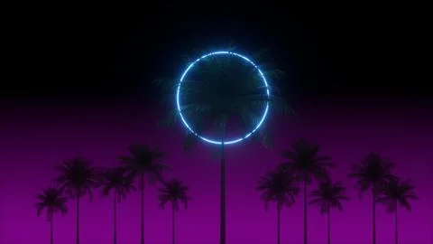 3D vaporwave render background with neon circle, palms and night violet sky Stock Illustration