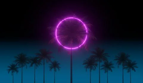 3D vaporwave render background with neon circle, palms and night blue sky Stock Illustration