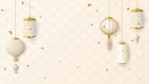 3d various lanterns asian style with golden confetti on beige background ha.. Illustrazione stock
