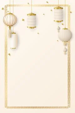 3d various paper lanterns asian style with golden frame and confetti on bei.. Stock Illustration