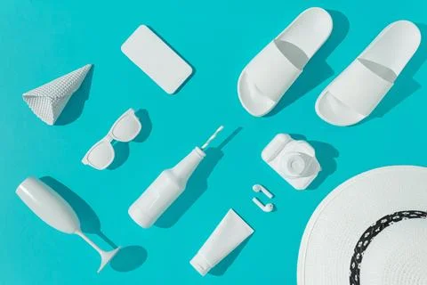 3D of various summer objects on a pastel blue background - minimalistic vacation Stock Illustration