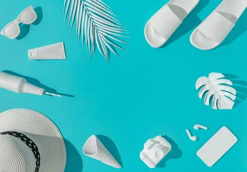 3D of various summer objects on a pastel blue background - minimalistic vacation Stock Illustration