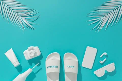 3D of various summer objects on a pastel blue background - minimalistic vacation Stock Illustration