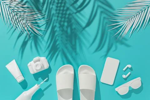 3D of various summer objects on a pastel blue background - minimalistic vacation Stock Illustration
