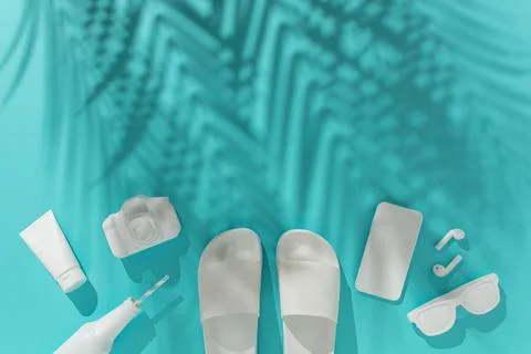 3D of various summer objects on a pastel blue background - minimalistic vacation Stock Illustration