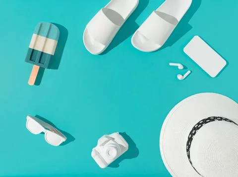 3D of various summer objects on a pastel blue background - minimalistic vacation Stock Illustration