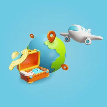 3d vector of airplane flying above the earth and suitcase with hat, tourism and Ilustração Stock