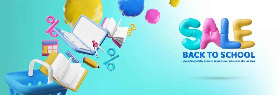 3D vector banner for back to school sale, with shopping cart, laptop and Stock Illustration