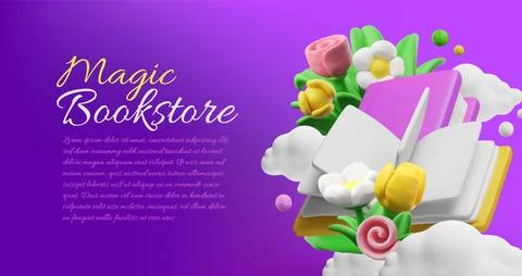 3D vector banner with books, plasticine flowers and clouds on purple background. Stock Illustration