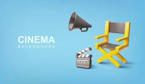 3D vector banner with folding yellow chair, clapperboard, and director's 스톡 일러스트