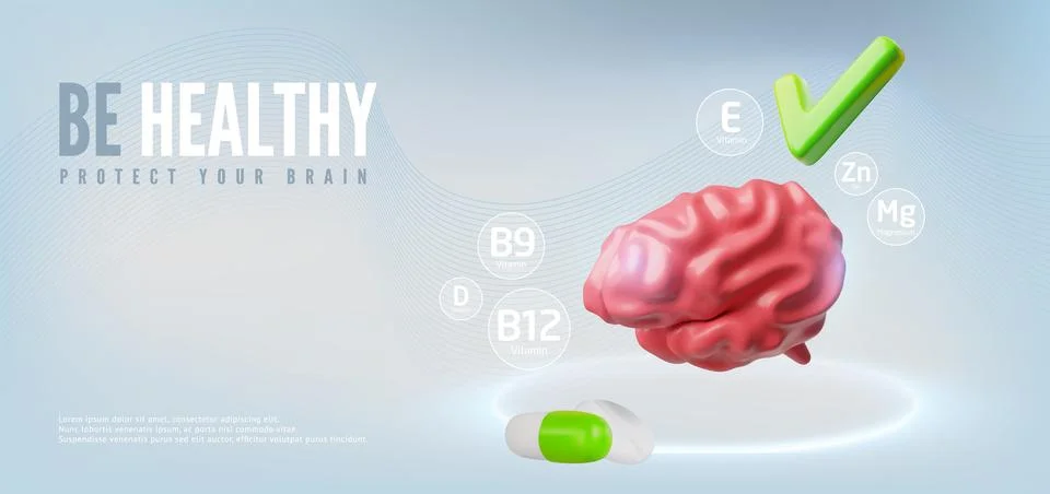 3d vector banner with human brain with pills, vitamins and green check mark. Stock Illustration