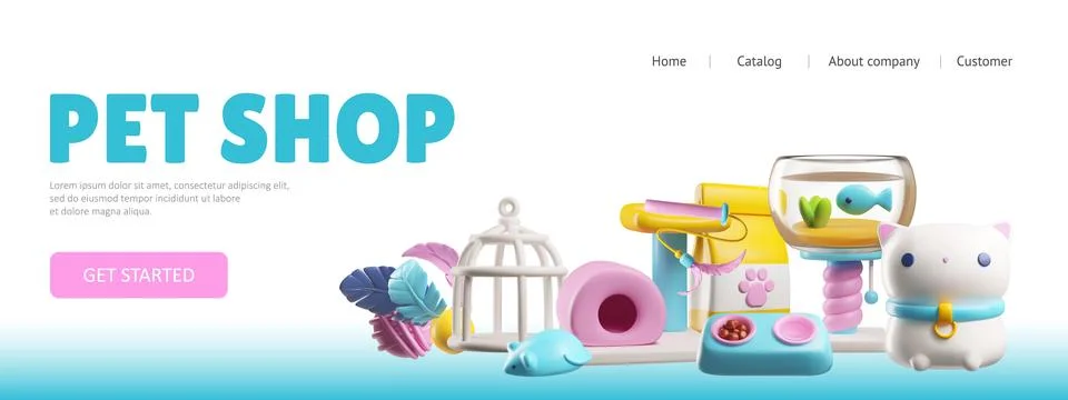 3D vector banner for pet store website: toys, food, accessories. Illustrazione stock