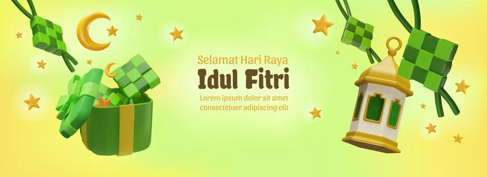 3d vector banner with Ramadan elements: Arabic lamp, ketupat in gift box, moo Stock Illustration