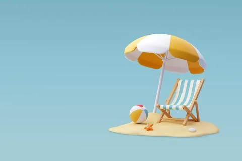3d Vector Beach Chair, Yellow Umbrella and Ball, Summer holiday. Stock Illustration