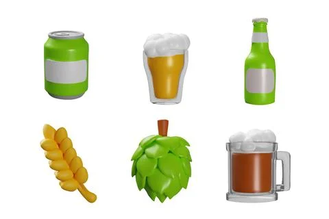 3d vector beer set with bottle, can, mug with foam mockups, hops and wheat ear. Stock Illustration