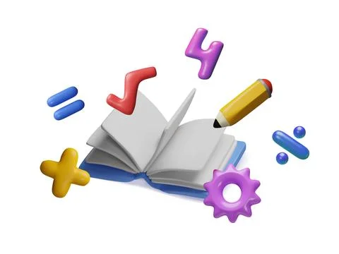 3D vector of blank notebook with pencil, gear, number and signs, plus, root Stock Illustration