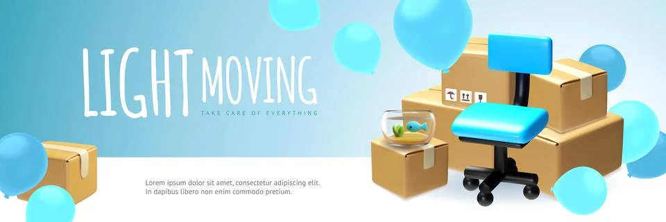 3d vector blue banner with boxes near office chair, aquarium and balloons Stock Illustration