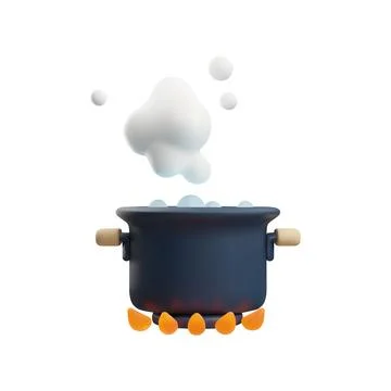 3D vector of boiling pan with steam over gas flame for icons. Illustrazione stock