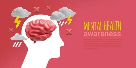 3D vector of brain on white silhouette of human head with clouds, thunder and Illustrazione stock