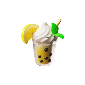 3D vector of bubble tea in a glass with cream, straw, tapioca pearls and a lemon Illustrazione stock