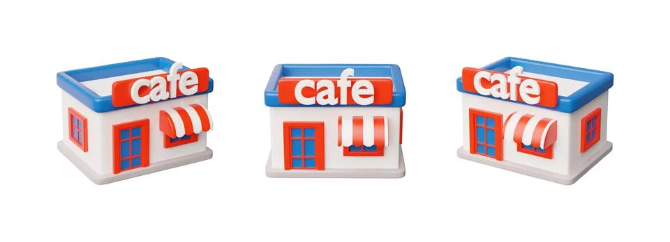 3D vector of cafe building with modern facade, signboard, awning, in red and Ilustración de archivo