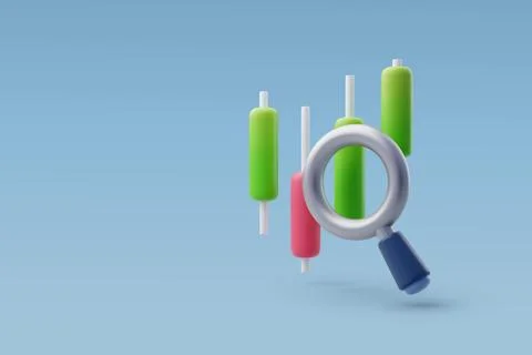 3d Vector Candle stick chart and magnifier search, Market trend analysis. Stock Illustration