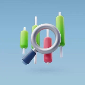 3d Vector Candle stick chart and magnifier search, Market trend analysis. Stock Illustration