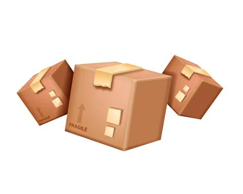 3D vector cardboard box icon, closed paper shipping container 스톡 일러스트