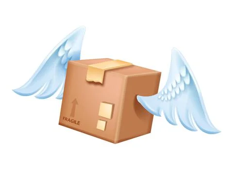 3D vector cardboard box with wings, brown delivery package icon Illustration
