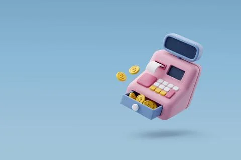 3d Vector Cash machine, Cash register with Gold coin, Financial services. Stock Illustration