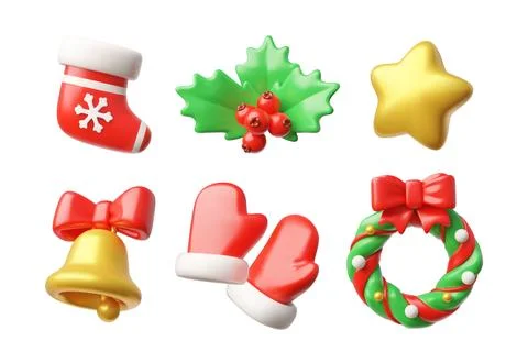 3d vector with a Christmas set with bell, mittens, star, Christmas wreath, holly Stock Illustration