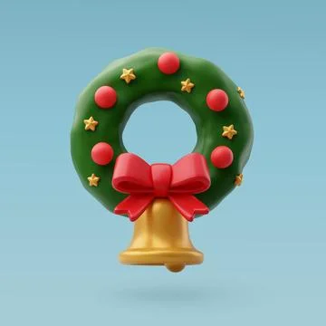 3d Vector Christmas wreath, bell and ribbon, Merry Christmas. Stock Illustration