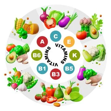 3D vector colorful pie chart with vegetables and vitamins. Stock Illustration
