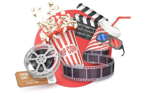 3D Vector Concept of Cinema Poster Composition with Popcorn, Clapperboard. Stock Illustration