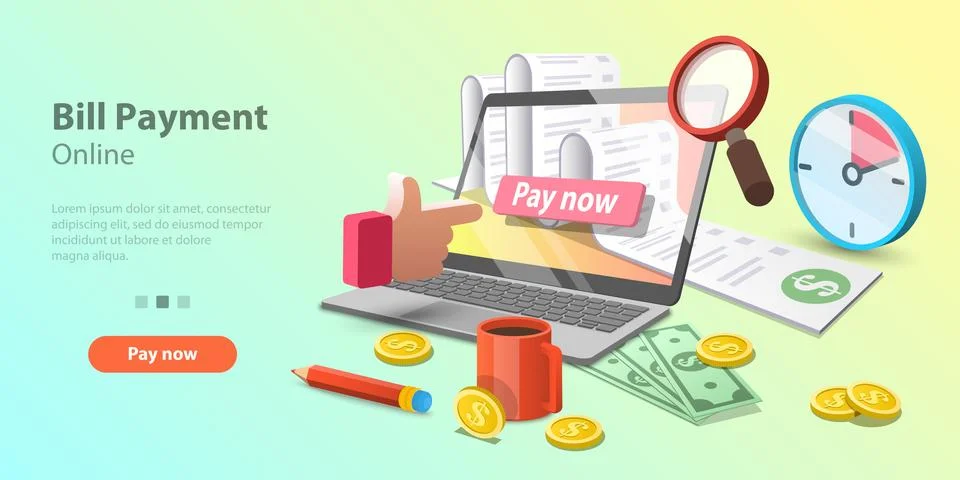 3d Vector Concept Illustration of Bills Online Payment, Secure Transaction. Stock Illustration