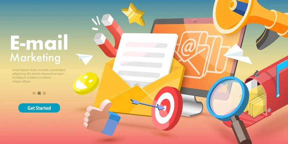 3D Vector Conceptual Illustration of Email Marketing and Advertising Campaign. Stock Illustration
