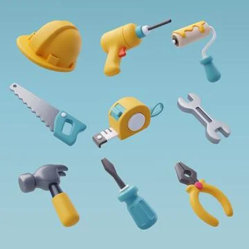 3d Vector of Construction tools icon set, industrial and worker equipment. Stock Illustration