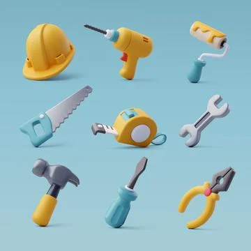 3d Vector of Construction tools icon set, industrial and worker equipment. Stock Illustration