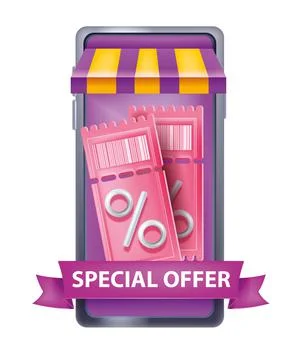 3D vector discount coupon illustration, smartphone screen, online shop Stockillustratie
