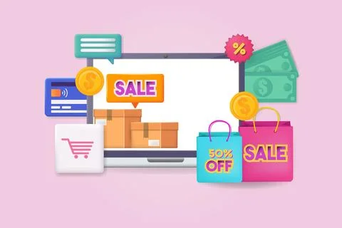3d Vector elements, shopping on internet concept. Stock Illustration