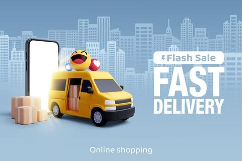 3d Vector of Express delivery van. Fast delivery and shipping on blue town. Stock Illustration