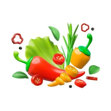 3D vector fresh vegetables: red, yellow pepper, whole and sliced, lettuce and Stock Illustration