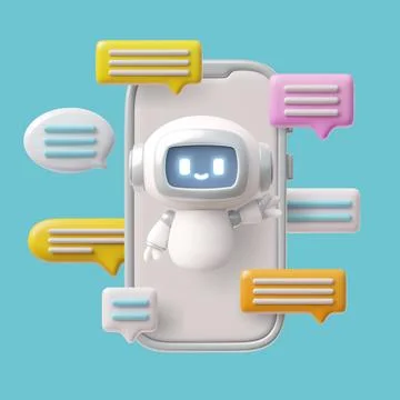 3D vector friendly robot with phone icons and message speech bubbles on a blue 스톡 일러스트