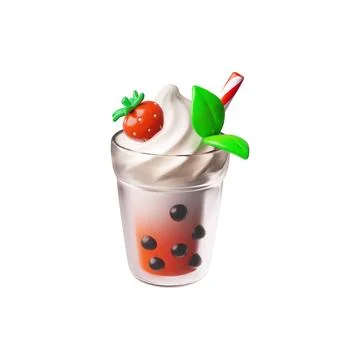 3d vector glass of bubble tea with tapioca balls, cream, strawberry, straw and Illustrazione stock