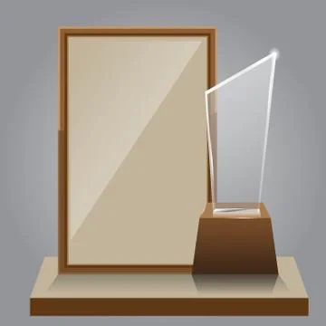 3d Vector glass star trophy with base and blank frame for copyspace front view Illustrazione stock