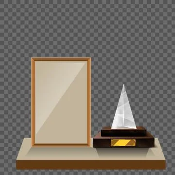 3d Vector glass triangle pyramid ptrophy with base and blank frame for copyspace Illustrazione stock