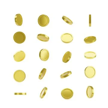 3d vector gold coins in different angels. Set of 3d golden coins. Isolated Stock Illustration