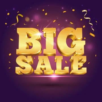 3d vector golden text Big Sale with confetti on purple background. Vector ill Stock Illustration
